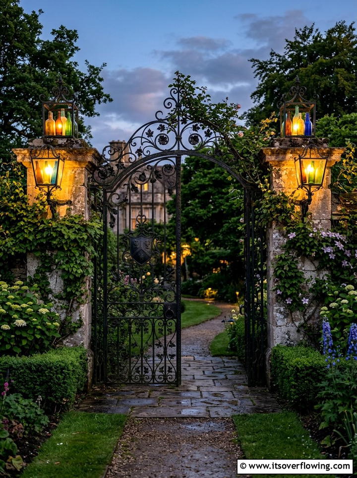 Entrance gate bottle lights - 25 garden decor ideas with bottle lights