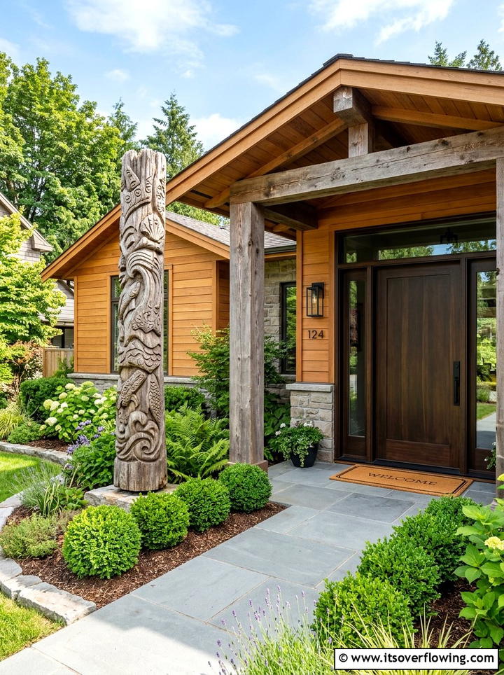 Entryway garden with wood pillar - 25 garden ideas with driftwood sculptures