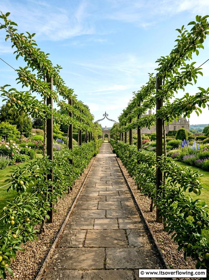 Espalier trees lining walkway - 25 creative garden ideas with espalier trees