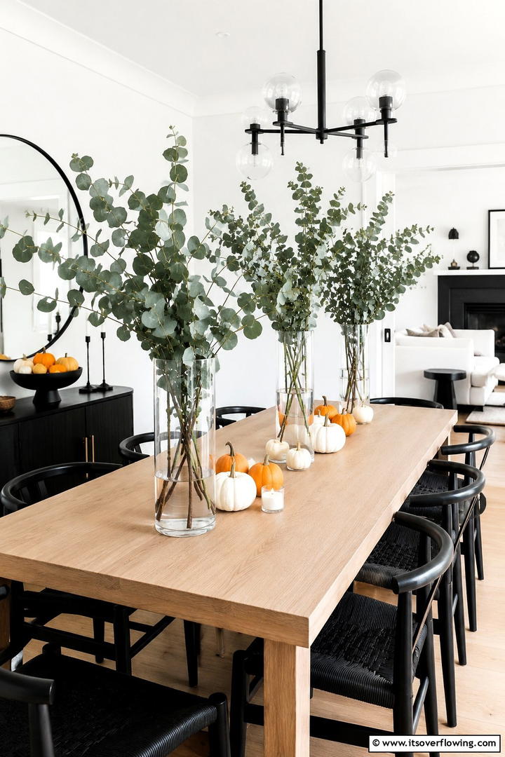 Eucalyptus Leaf Displays - 50 Fall Table Decor Ideas Roundup- Seasonal Styling
