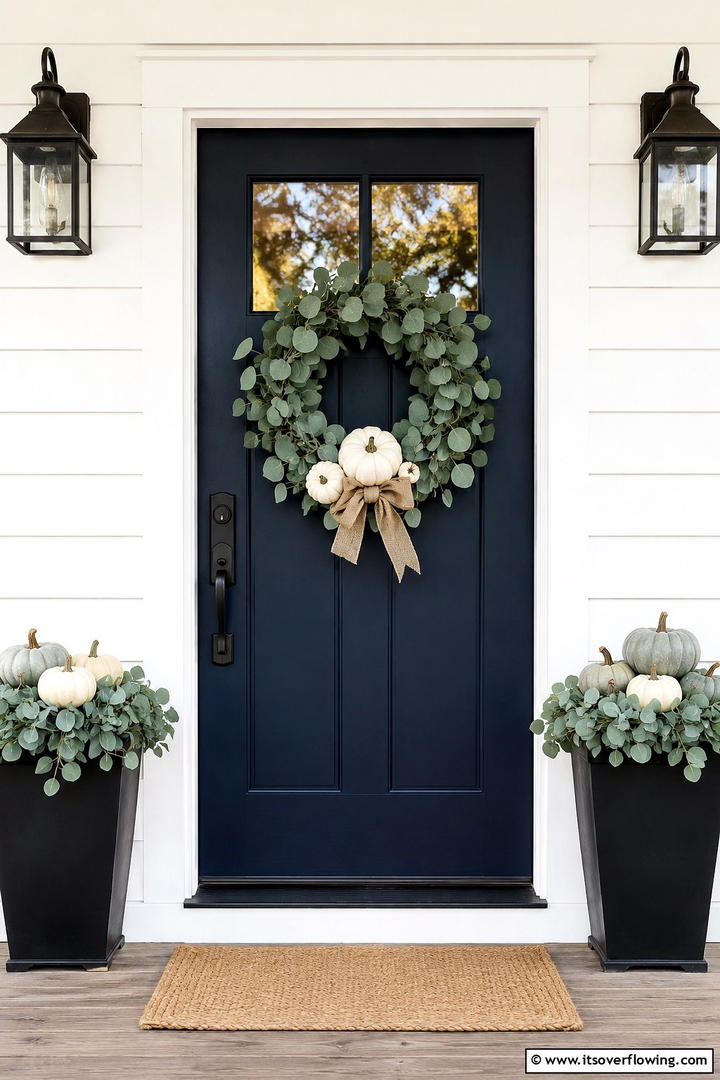 Eucalyptus Wreath Front Door Display - 50 Fall Front Door Decor Ideas Roundup- Curb Appeal