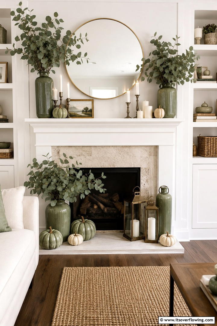 Eucalyptus and Sage Green Theme - 50 Fall Fireplace Decor Ideas to Warm Autumn Gatherings