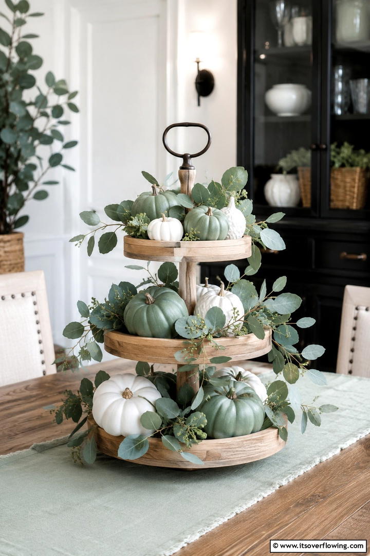 Eucalyptus and Sage Green - 50 Fall Tiered Tray Decor Ideas for Festive Shelves
