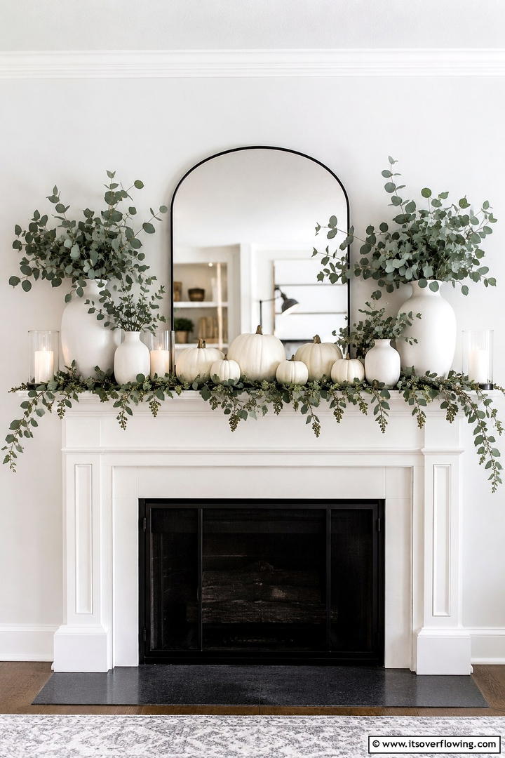Eucalyptus and White Pumpkin Mantel - 50 Fall Mantel Decor Ideas for Cozy Spaces This Season