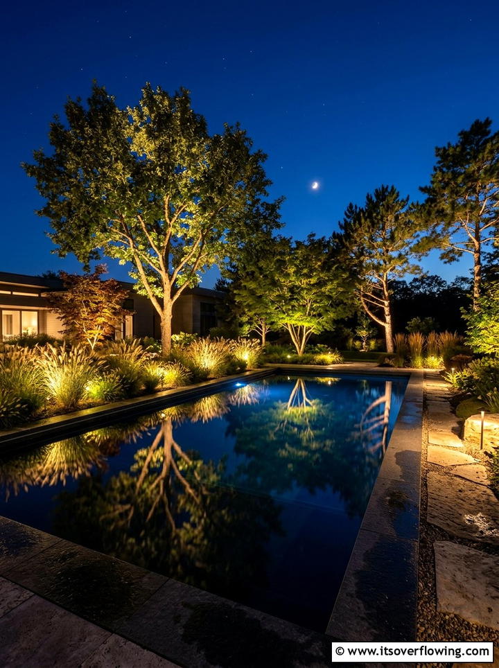 Evening pool lighting and plants - 25 garden design ideas for pool areas