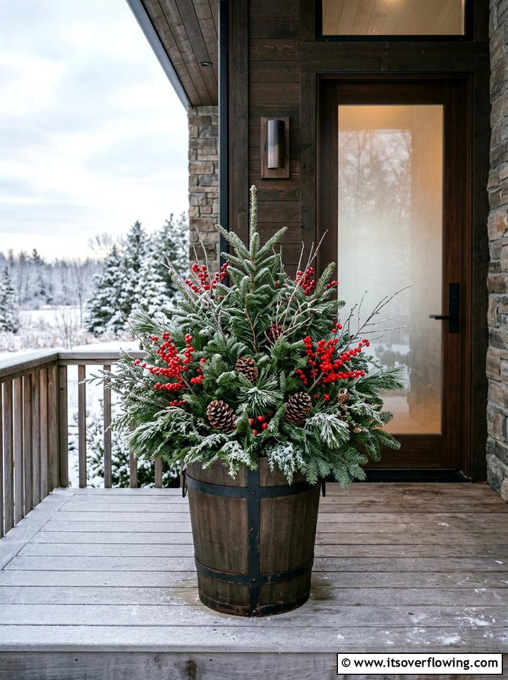 Evergreen Container - 25 garden decor ideas with winter decor