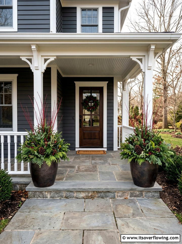 Evergreen Planter Pots - 25 front porch decor ideas for winter
