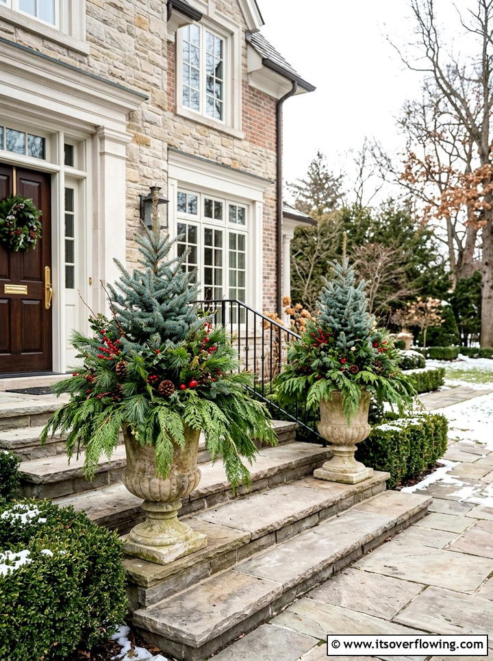 Evergreen Porch Urn Display - 25 front porch ideas with winter decor