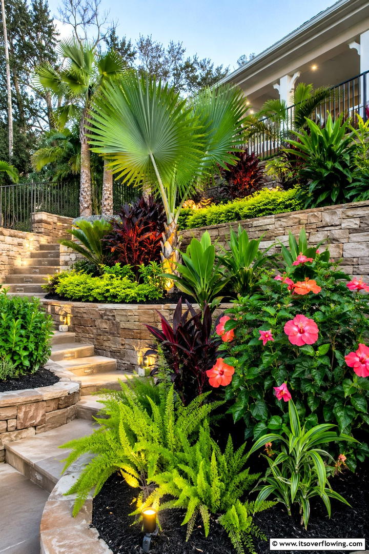 Exotic Tropical Tiered Layout - 30 Tiered Garden Ideas for Sloped Yards and Visual Interest