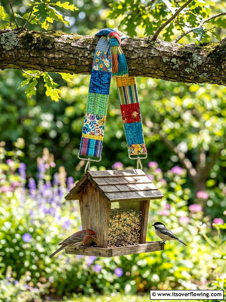 Fabric Scrap Bird Feeder Hanger - 25 upcycled garden ideas with fabric scraps