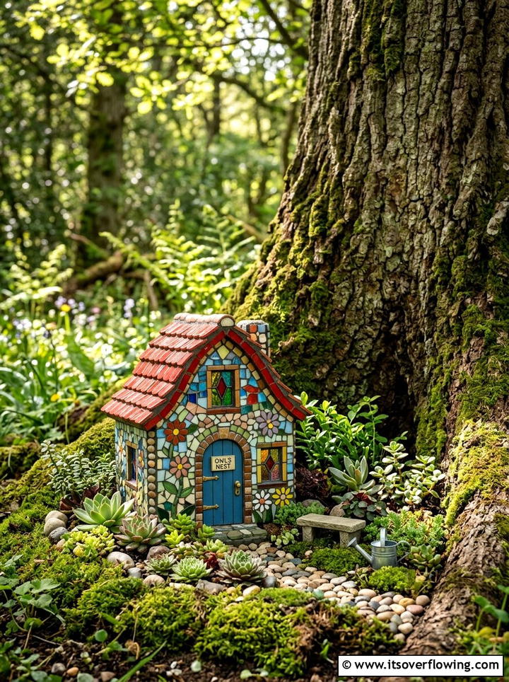 Fairy Garden Mosaic Houses - 25 creative garden ideas with mosaic planters