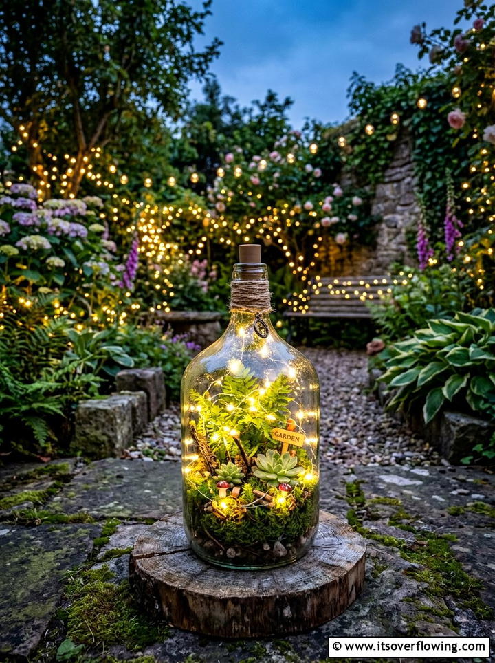 Fairy Light Bottle Planter - 25 recycled garden ideas with hanging bottle planters
