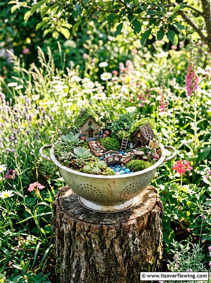 Fairy garden colander - 25 upcycled garden ideas with old colanders