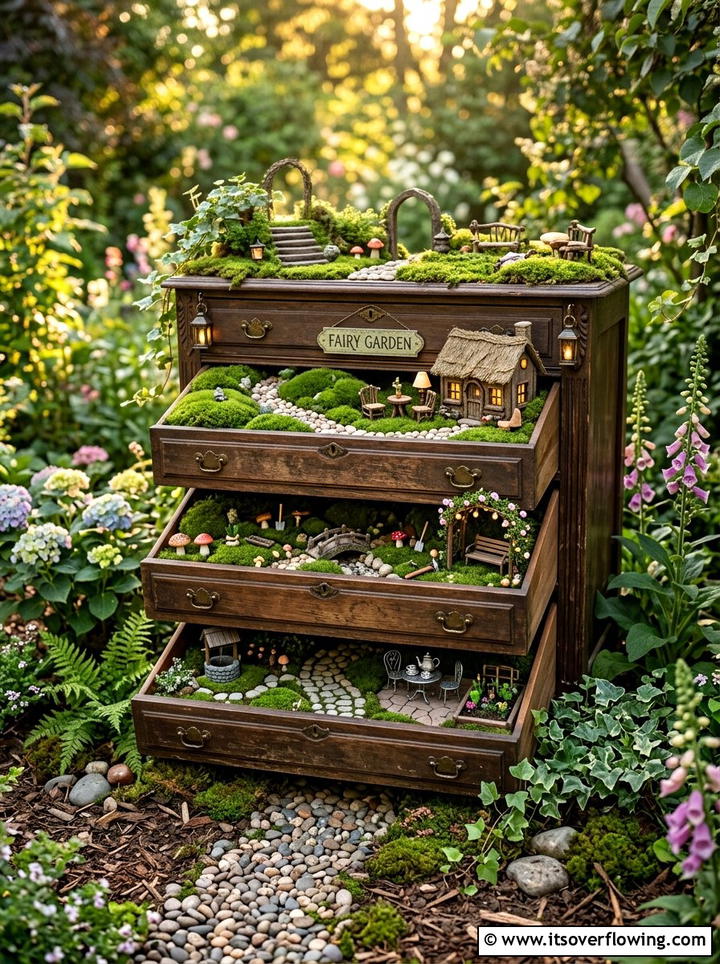 Fairy garden dresser - 25 upcycled garden ideas with old dressers