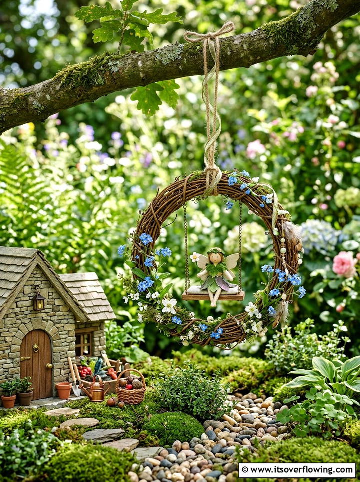 Fairy garden hoop swing - 25 garden decor ideas with floral hoops