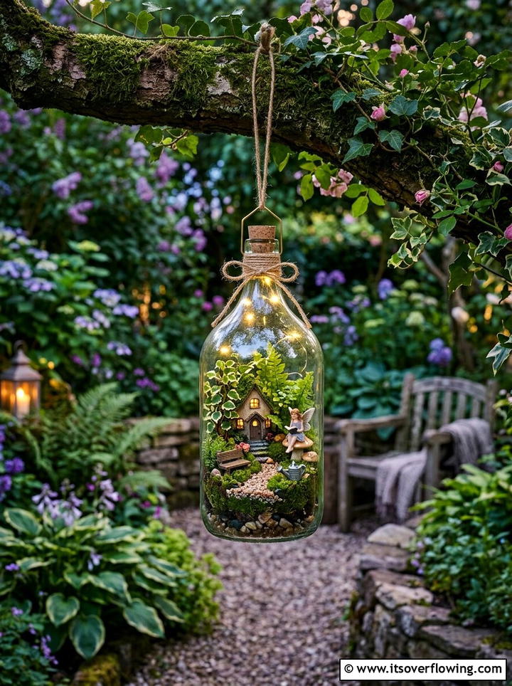 Fairy garden in hanging bottle - 25 creative garden ideas with hanging bottle planters