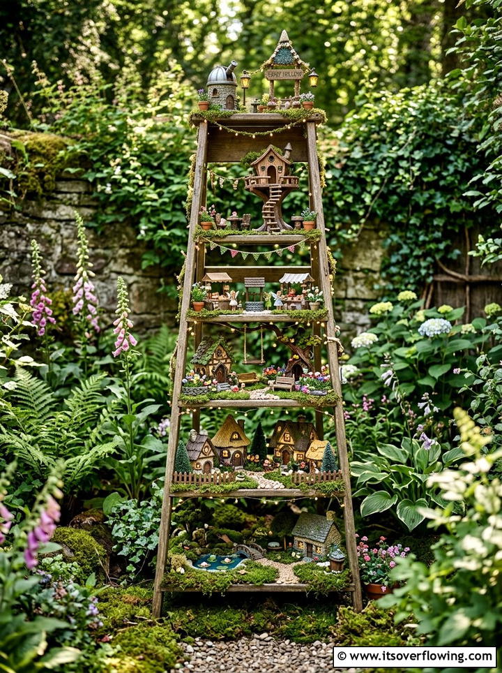 Fairy garden ladder shelf - 25 upcycled garden ideas with ladder shelves