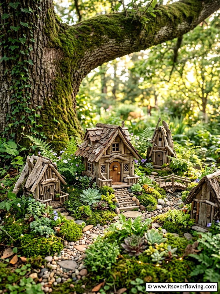 Fairy garden with driftwood houses - 25 garden ideas with driftwood sculptures