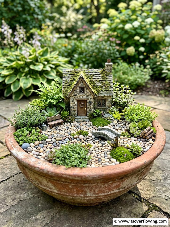 Fairy garden with tiny pebbles - 25 garden decor ideas with pebble accents