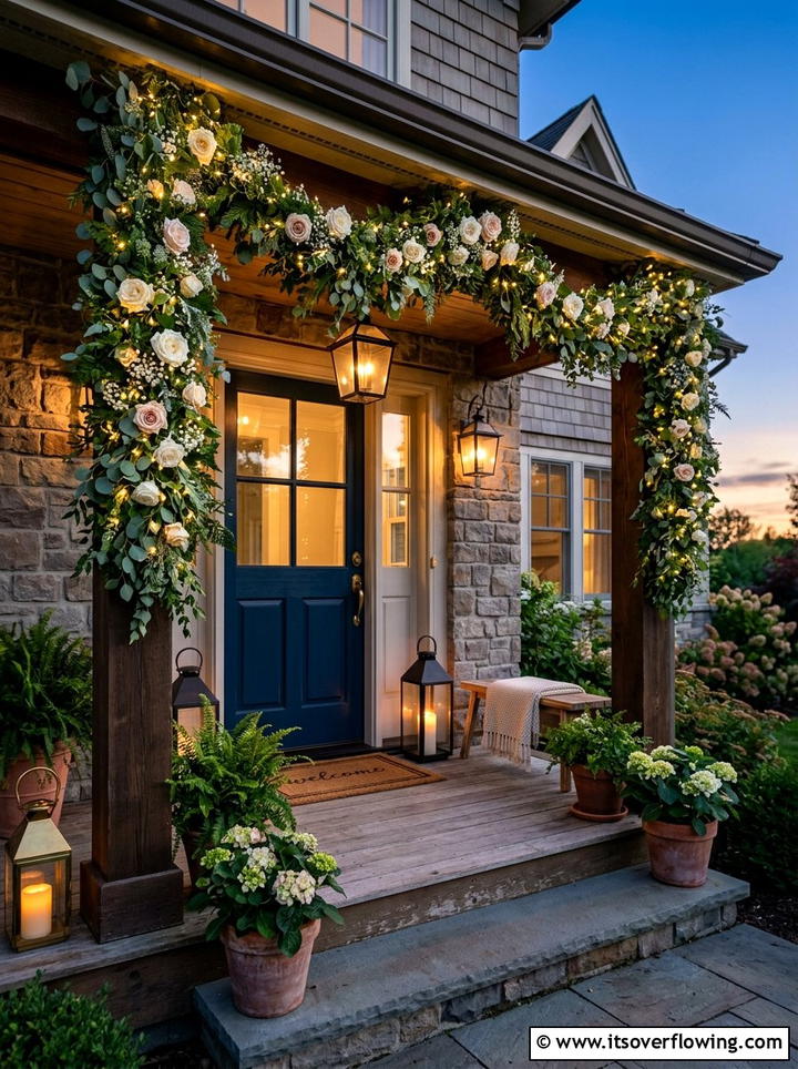 Fairy light floral porch garland - 25 front porch ideas with floral garland