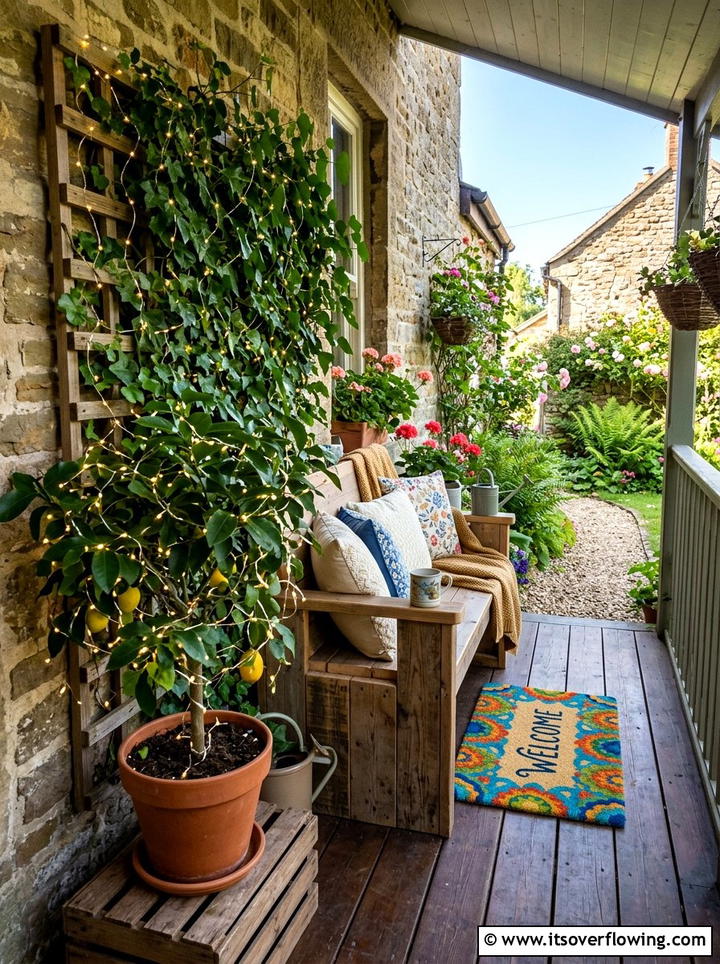 Fairy light for greenery - 25 front porch decor ideas with layered lighting