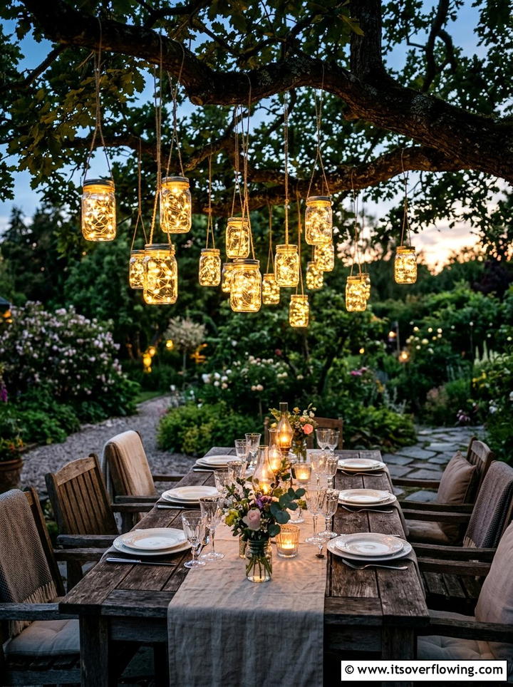 Fairy light mason jars - 25 garden decor ideas with hanging decor