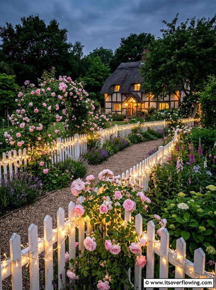 Fairy light strings along garden borders - 25 garden decor ideas with pathway lighting
