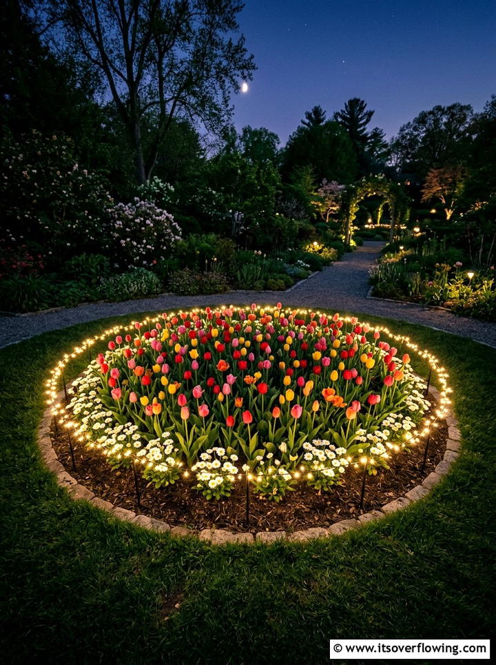 Fairy lights around flower beds - 25 garden decor ideas with fairy lights