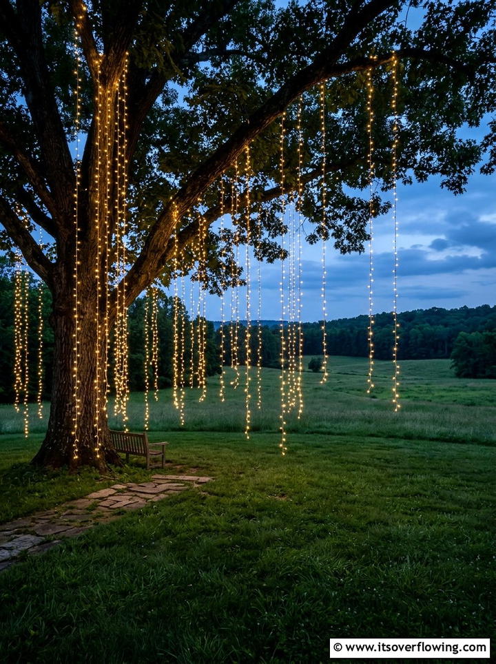 Fairy lights in outdoor trees - 25 garden decor ideas with fairy lights