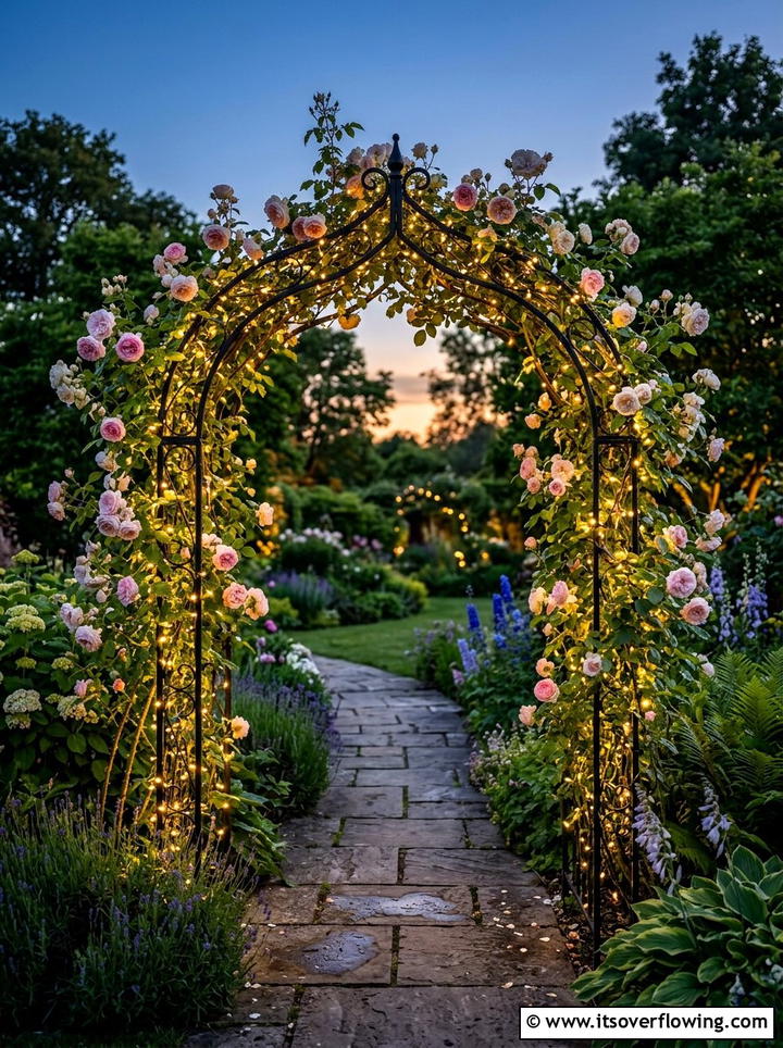 Fairy lights on garden arch - 25 garden decor ideas with fairy lights