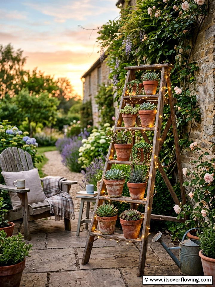 Fairy lights on garden ladder - 25 garden decor ideas with fairy lights