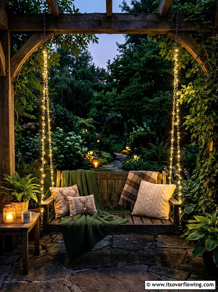 Fairy lights on garden swing - 25 garden decor ideas with fairy lights