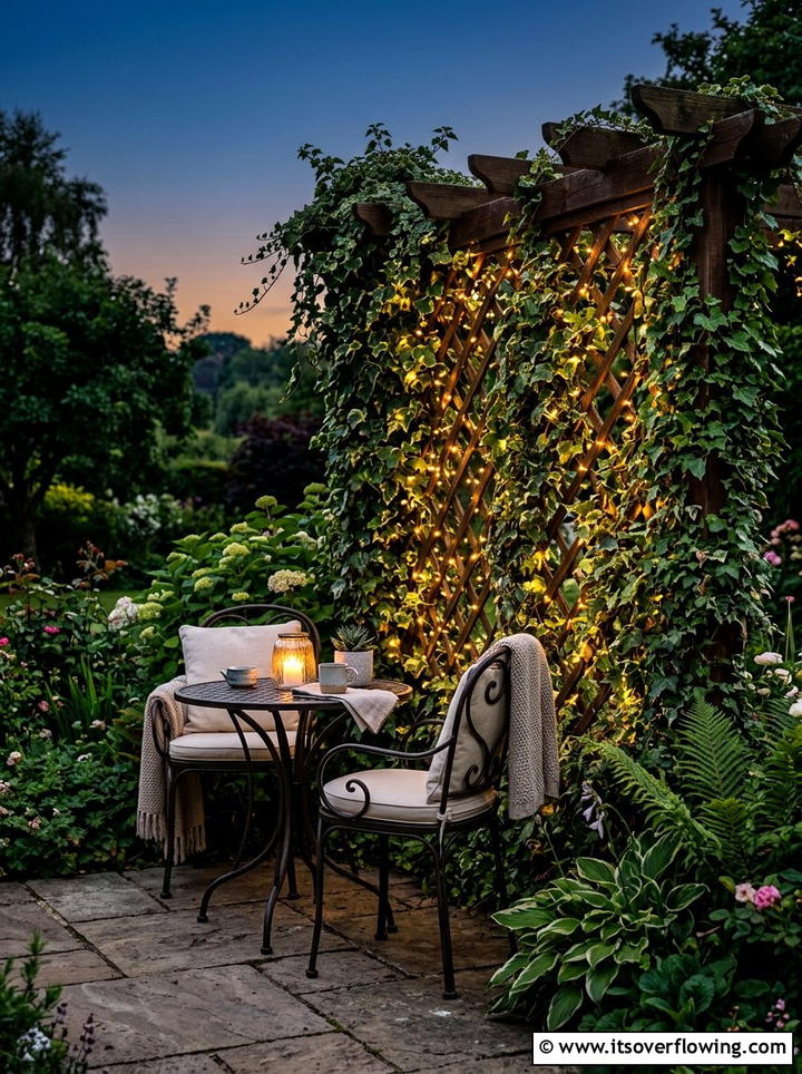 Fairy lights on trellis - 25 garden decor ideas with fairy lights