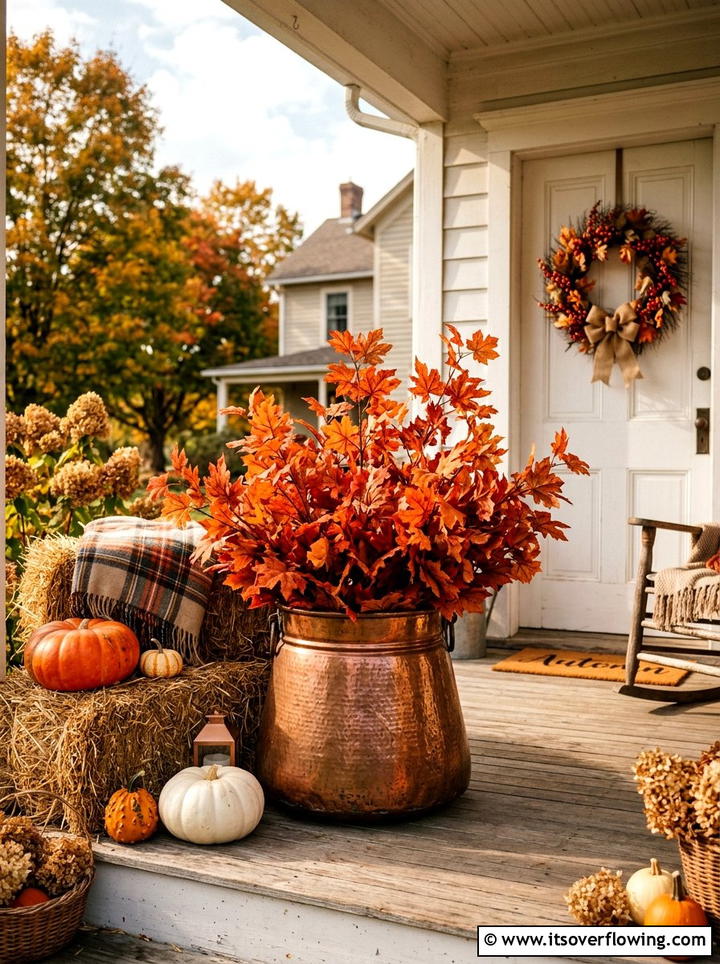 Fake maple leaf fall decor - 25 front porch ideas with faux plants