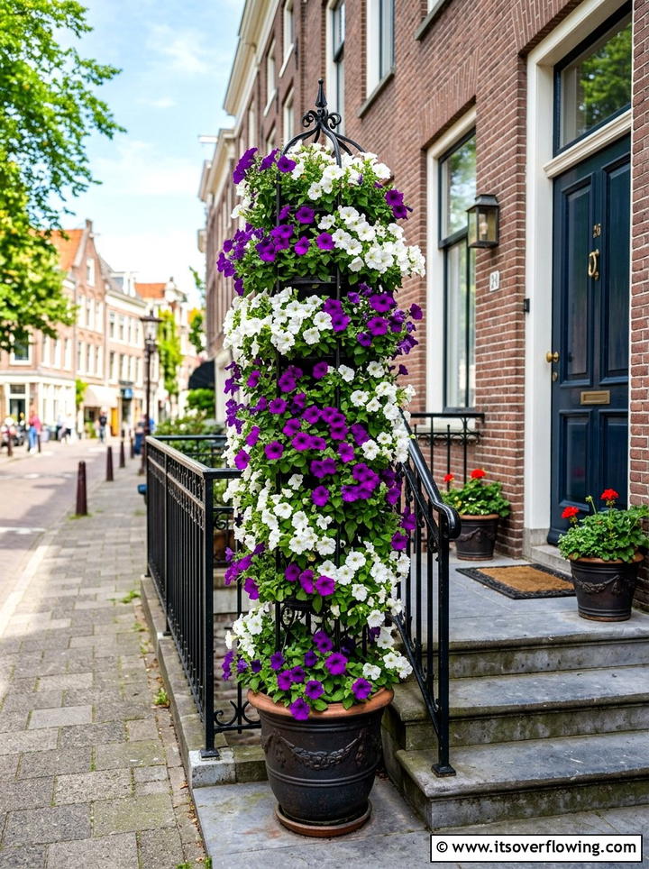 Fake petunia flower towers - 25 front porch ideas with faux plants
