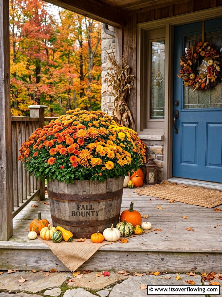 Fall Mum Barrel Planter - 25 backyard ideas with barrel planter