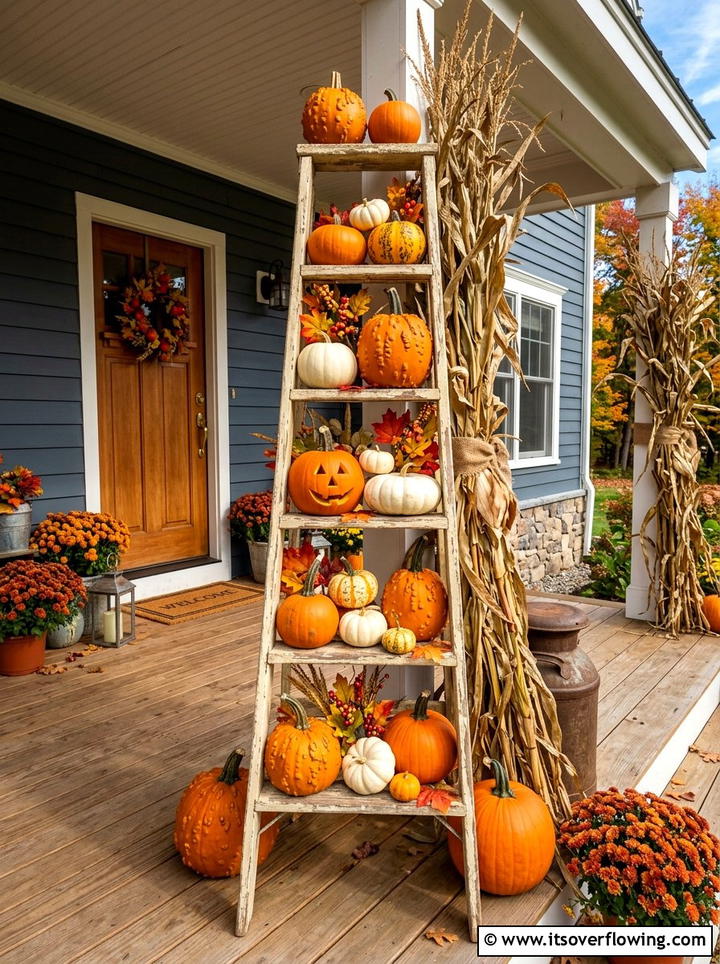 Fall Porch Ladder With Pumpkins - 25 front porch ideas with repurposed ladders