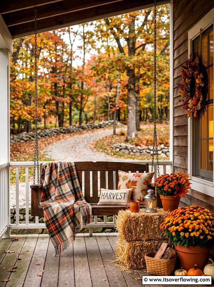 Fall Porch Swing Area - 25 front porch decor ideas with mums and hay bales