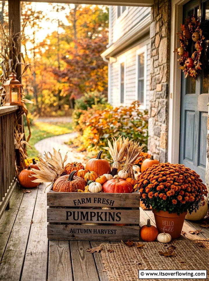 Fall Pumpkin Crate Display - 25 front porch ideas with crate decor
