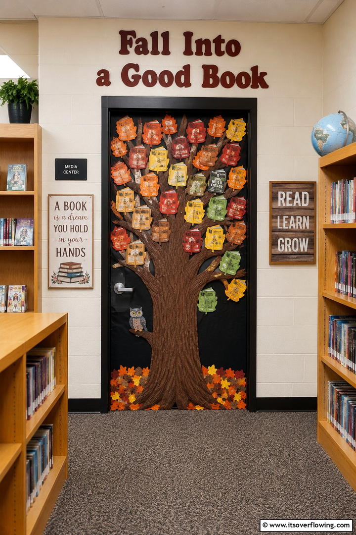 Fall Reading Tree - 50 Fall Door Decor Classroom Ideas for Cozy Entryways