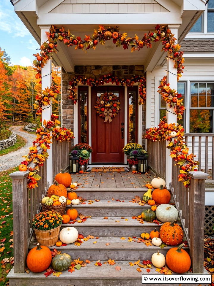 Fall leaf and pumpkin porch - 25 front porch ideas with pumpkins