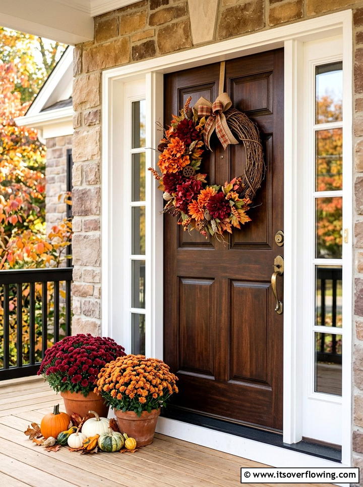 Fall wreath with small mums - 25 front porch ideas with mums