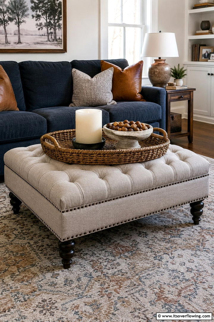 Family Room Ottoman Tray - 50 Minimalist Fall Decor Ideas to Upgrade Spaces Now
