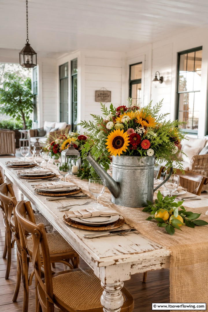 Farm to Table Style Arrangement in a Watering Can - 30 Rustic Wedding Centerpieces for a Charming Celebration