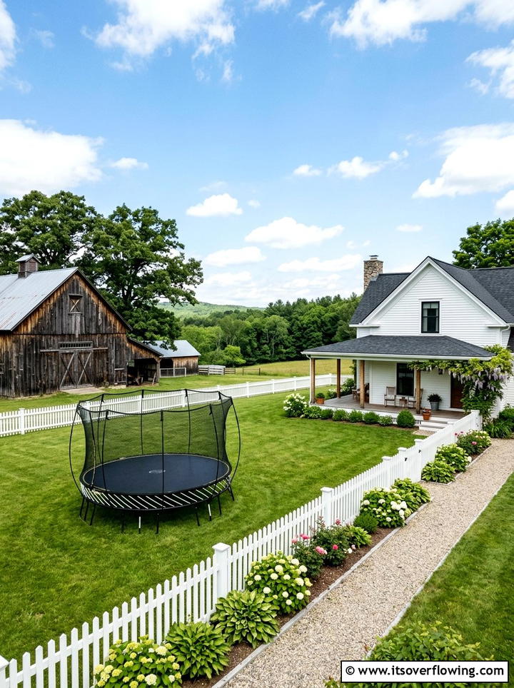 Farmhouse Backyard With Black Trampoline - 25 backyard ideas with trampoline zone
