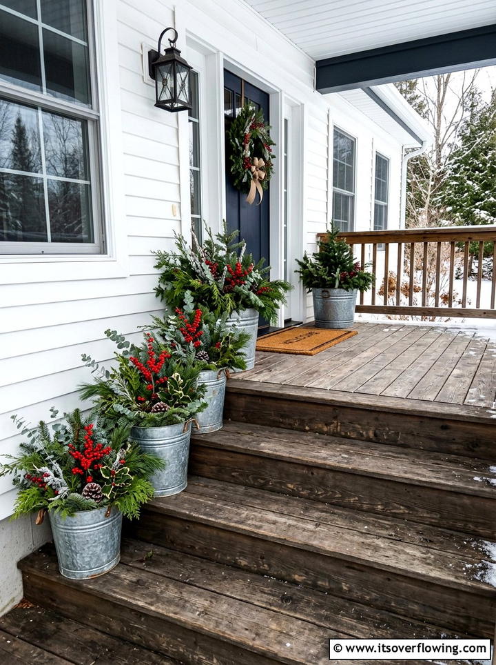 Farmhouse Bucket Stair Arrangement - 25 front porch ideas with christmas decor