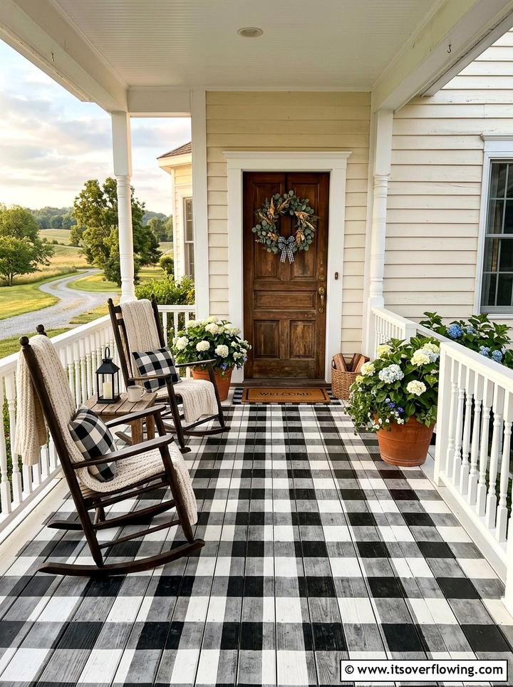 Farmhouse Buffalo Check - 25 front porch ideas with stenciled floor