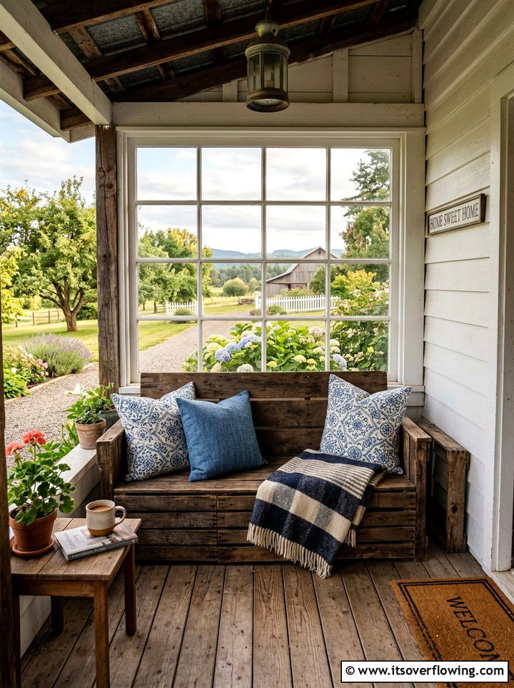 Farmhouse Crate Bench Seating - 25 front porch ideas with crate decor