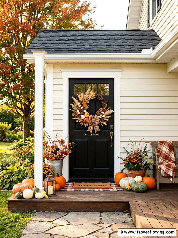 Farmhouse Fall Front Door Wreath - 25 front porch ideas with fall decor