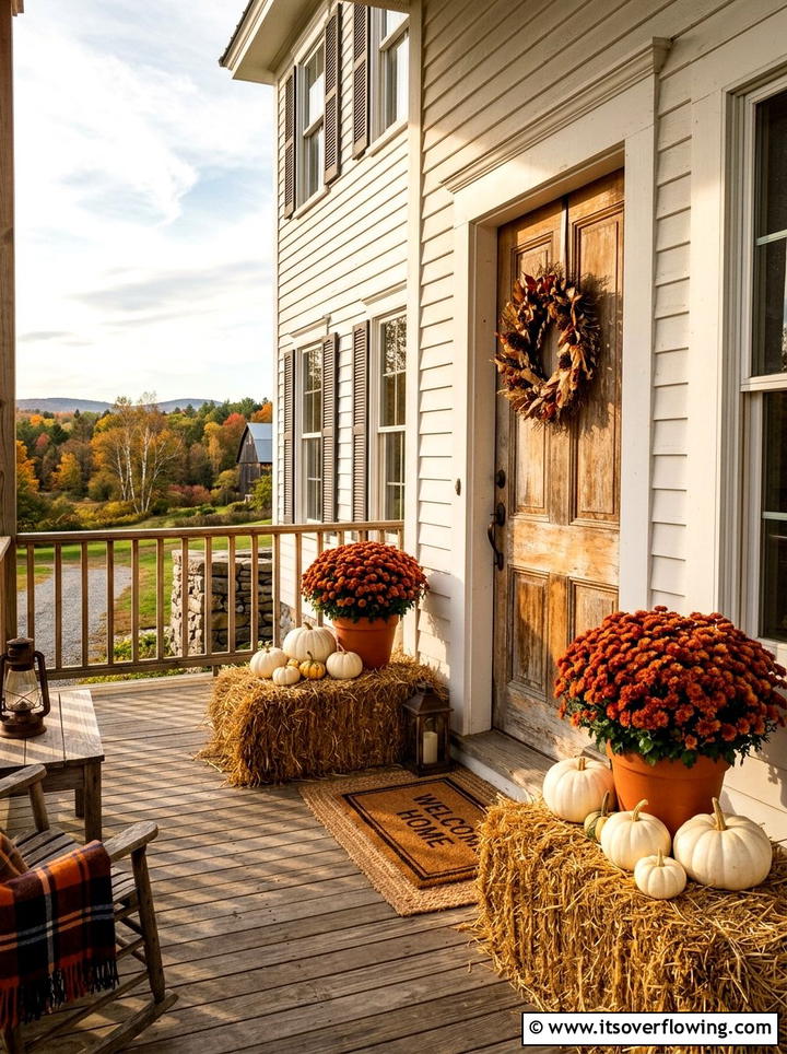 Farmhouse Front Porch With Mums And Hay Bales - 25 front porch decor ideas with mums and hay bales